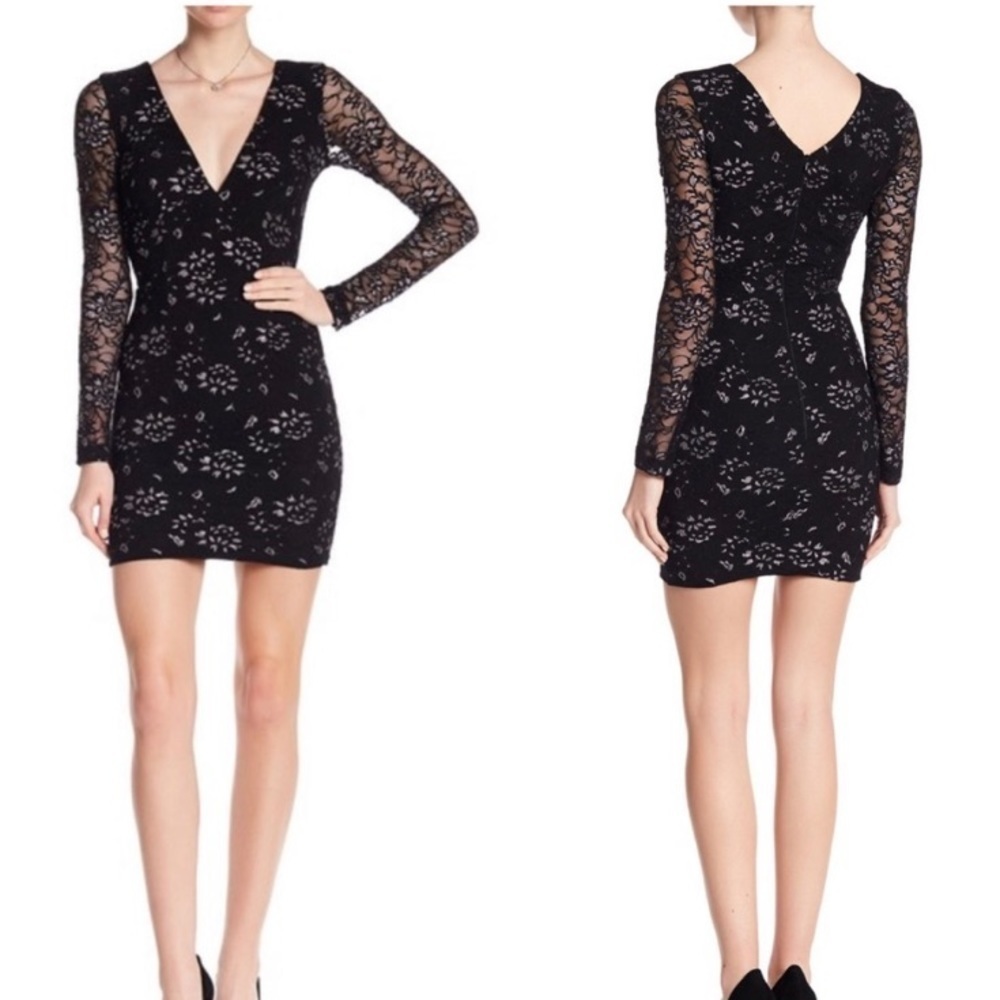 NWT Dress the Population Size Medium Erica Plunge Lace Mini Dress Long Sleeves